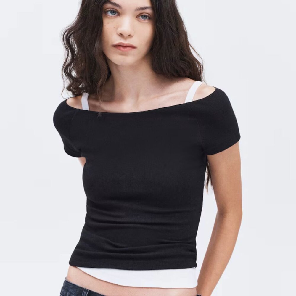 Aritzia HomeStretch Rib Off-Shoulder T-Shirt - Black Small